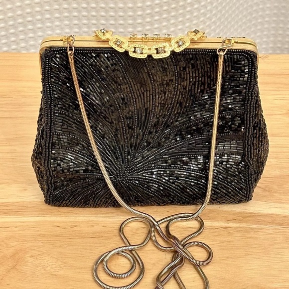Vintage Walborg Black Beaded Evening Bag Clutch Purse Chain Strap Made in Macau - Picture 1 of 16